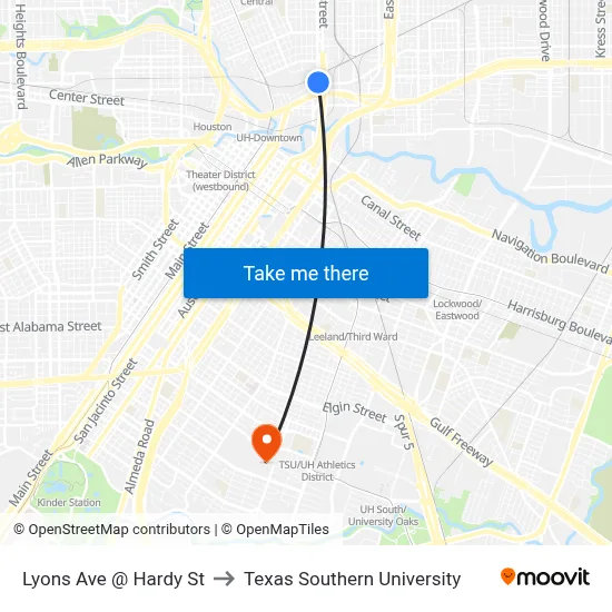 Lyons Ave @ Hardy St to Texas Southern University map