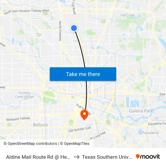 Aldine Mail Route Rd @ Henry Rd to Texas Southern University map