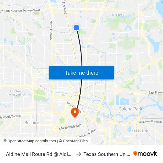 Aldine Mail Route Rd @ Aldine Westf to Texas Southern University map