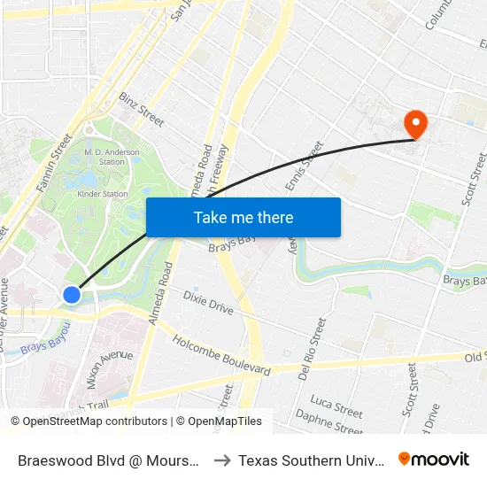Braeswood Blvd @ Moursund St to Texas Southern University map