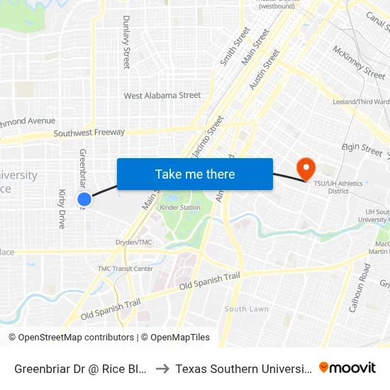 Greenbriar Dr @ Rice Blvd to Texas Southern University map