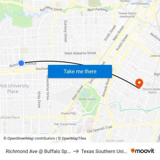Richmond Ave @ Buffalo Speedway to Texas Southern University map
