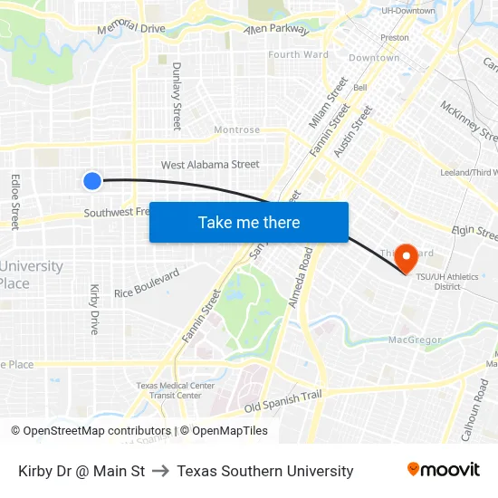 Kirby Dr @ Main St to Texas Southern University map