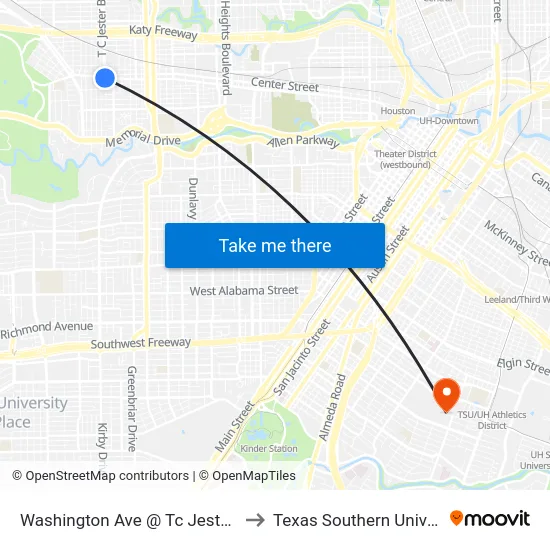 Washington Ave @ Tc Jester Blvd to Texas Southern University map