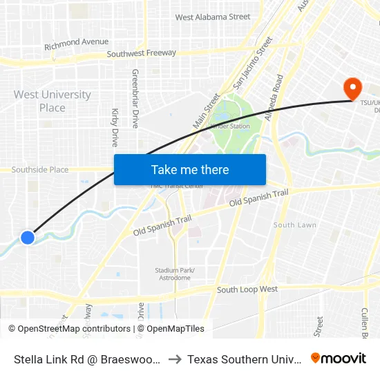 Stella Link Rd @ Braeswood Blvd to Texas Southern University map