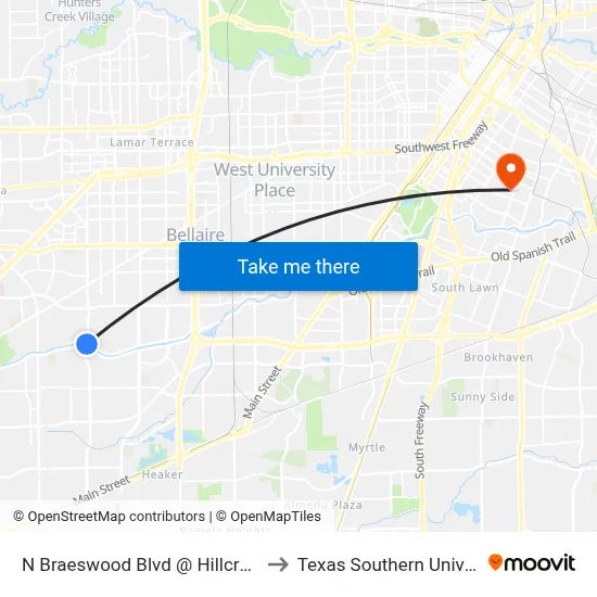 N Braeswood Blvd @ Hillcroft Ave to Texas Southern University map