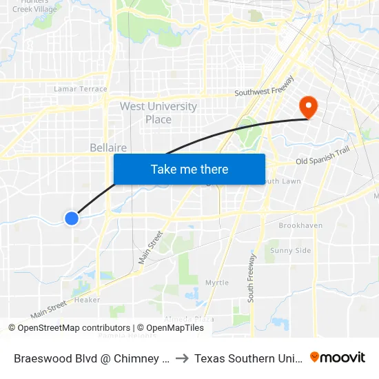 Braeswood Blvd @ Chimney Rock Rd to Texas Southern University map
