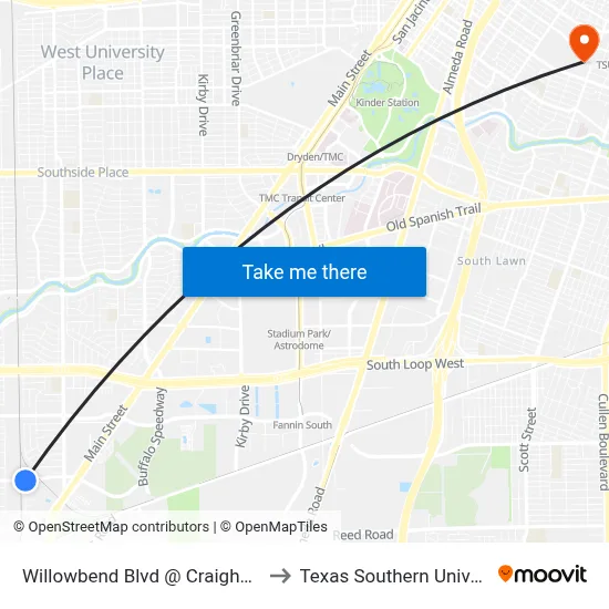 Willowbend Blvd @ Craighead Dr to Texas Southern University map