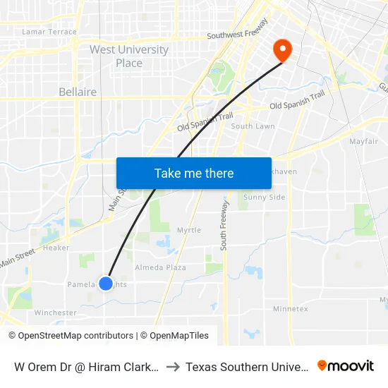 W Orem Dr @ Hiram Clarke Rd to Texas Southern University map
