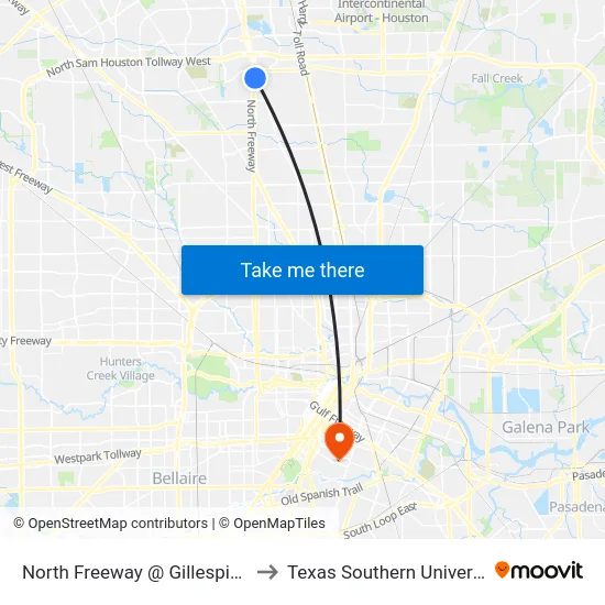 North Freeway @ Gillespie Rd to Texas Southern University map