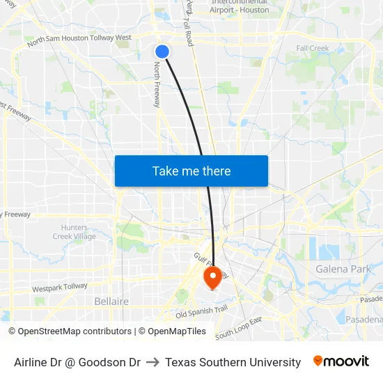 Airline Dr @ Goodson Dr to Texas Southern University map