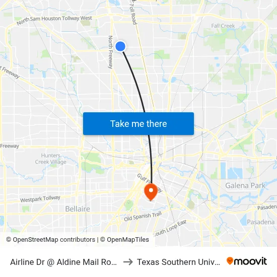 Airline Dr @ Aldine Mail Route Rd to Texas Southern University map