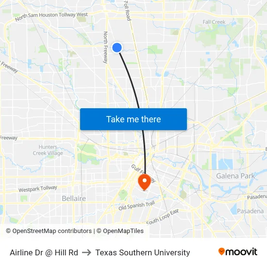 Airline Dr @ Hill Rd to Texas Southern University map