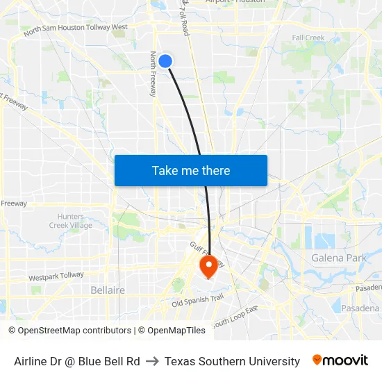 Airline Dr @ Blue Bell Rd to Texas Southern University map