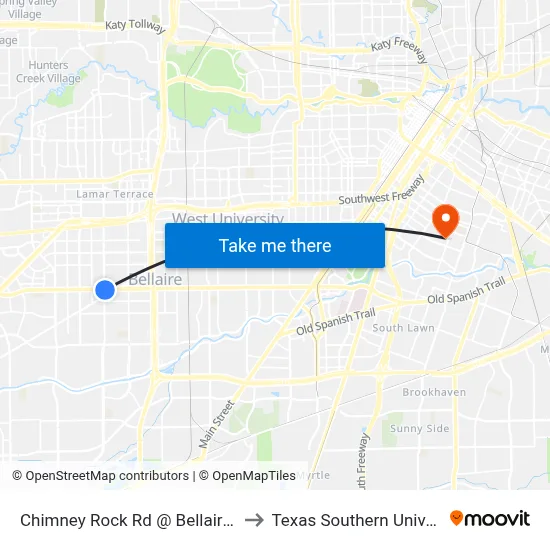 Chimney Rock Rd @ Bellaire Blvd to Texas Southern University map