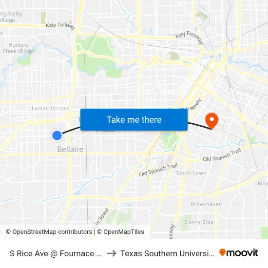 S Rice Ave @ Fournace Pl to Texas Southern University map