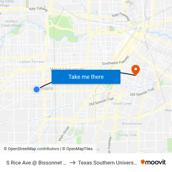 S Rice Ave @ Bissonnet St to Texas Southern University map