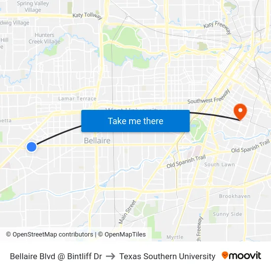 Bellaire Blvd @ Bintliff Dr to Texas Southern University map