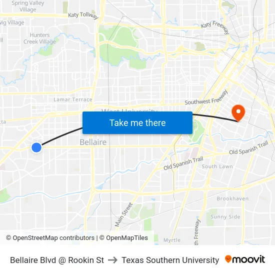 Bellaire Blvd @ Rookin St to Texas Southern University map