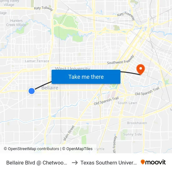 Bellaire Blvd @ Chetwood Dr to Texas Southern University map