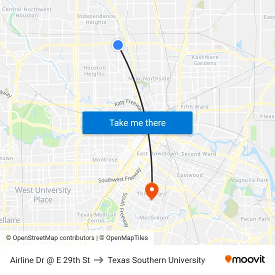 Airline Dr @ E 29th St to Texas Southern University map