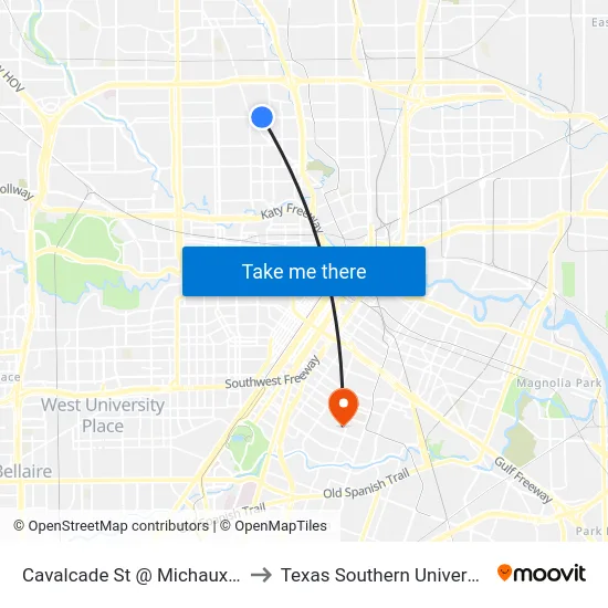 Cavalcade St @ Michaux St to Texas Southern University map
