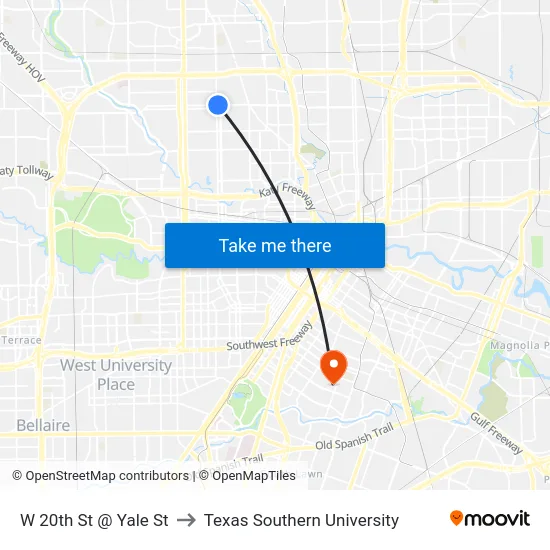 W 20th St @ Yale St to Texas Southern University map