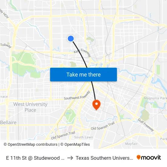 E 11th St @ Studewood St to Texas Southern University map