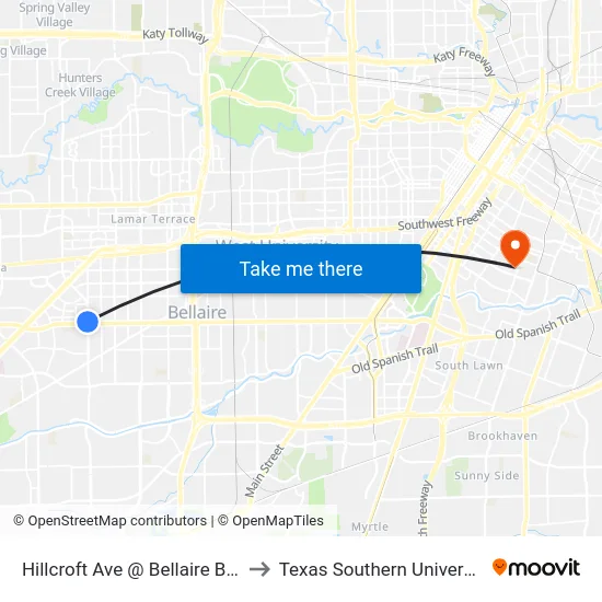Hillcroft Ave @ Bellaire Blvd to Texas Southern University map