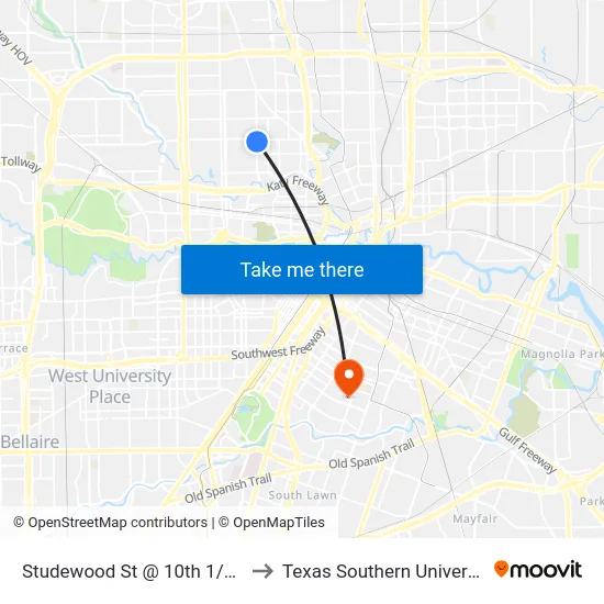 Studewood St @ 10th 1/2 St to Texas Southern University map