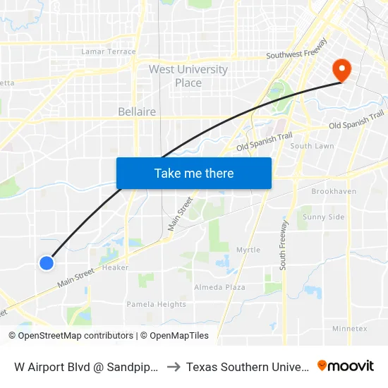 W Airport Blvd @ Sandpiper Dr to Texas Southern University map