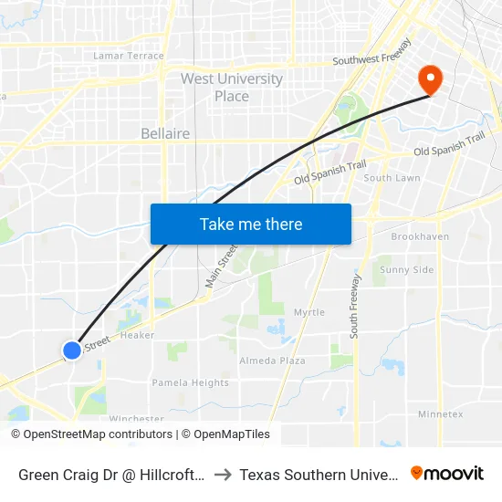 Green Craig Dr @ Hillcroft Ave to Texas Southern University map