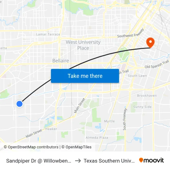 Sandpiper Dr @ Willowbend Blvd to Texas Southern University map