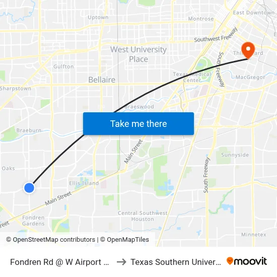 Fondren Rd @ W Airport Blvd to Texas Southern University map