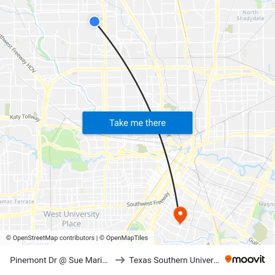 Pinemont Dr @ Sue Marie Ln to Texas Southern University map