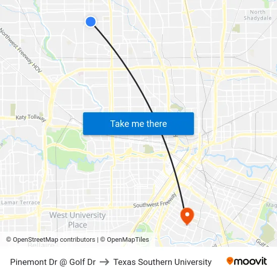 Pinemont Dr @ Golf Dr to Texas Southern University map