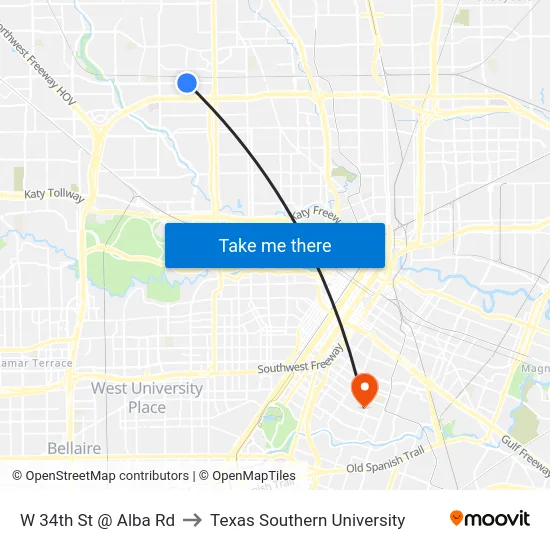 W 34th St @ Alba Rd to Texas Southern University map