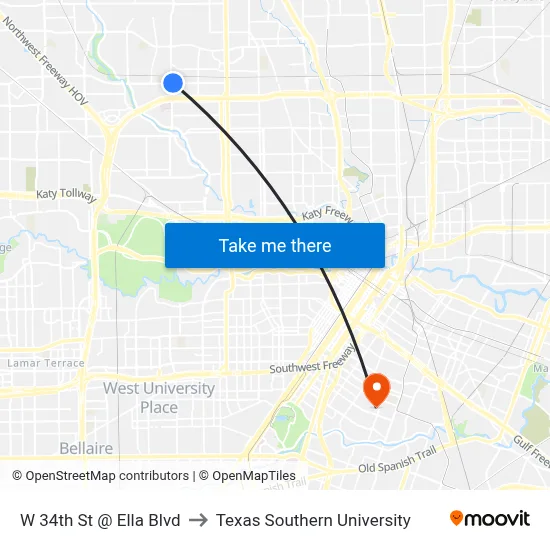 W 34th St @ Ella Blvd to Texas Southern University map
