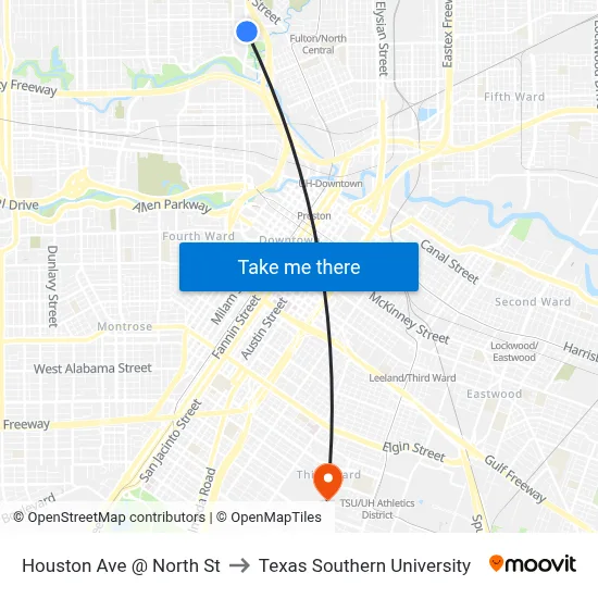Houston Ave @ North St to Texas Southern University map