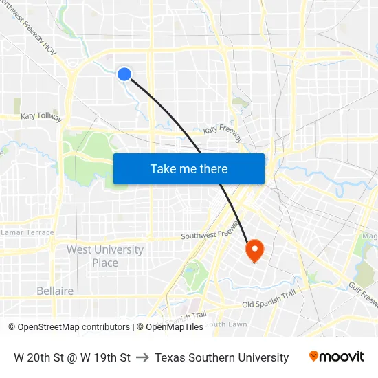 W 20th St @ W 19th St to Texas Southern University map