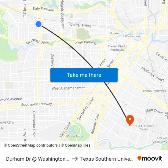 Durham Dr @ Washington Ave to Texas Southern University map