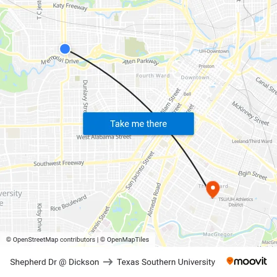 Shepherd Dr @ Dickson to Texas Southern University map