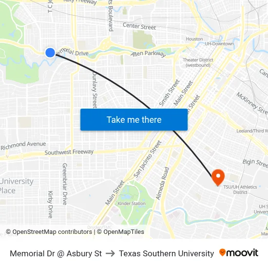 Memorial Dr @ Asbury St to Texas Southern University map