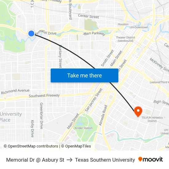 Memorial Dr @ Asbury St to Texas Southern University map