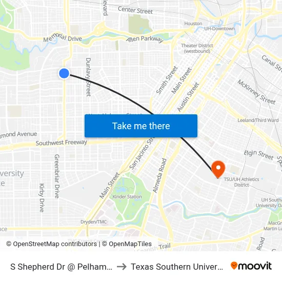 S Shepherd Dr @ Pelham Dr to Texas Southern University map