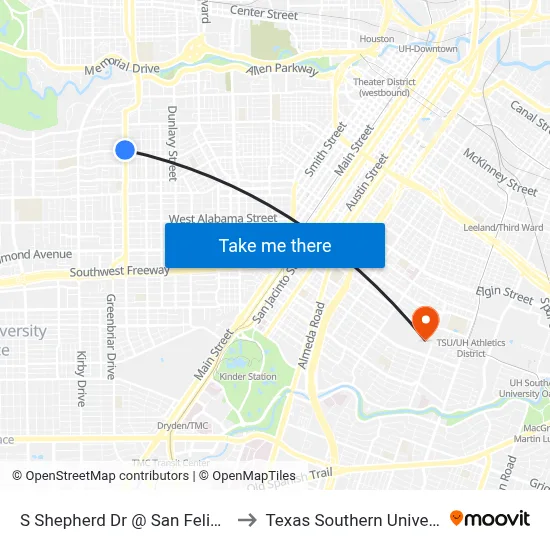 S Shepherd Dr @ San Felipe Rd to Texas Southern University map