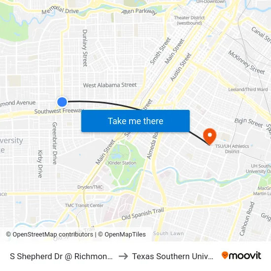 S Shepherd Dr @ Richmond Ave to Texas Southern University map