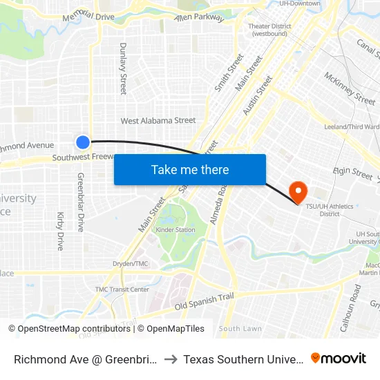 Richmond Ave @ Greenbriar Dr to Texas Southern University map