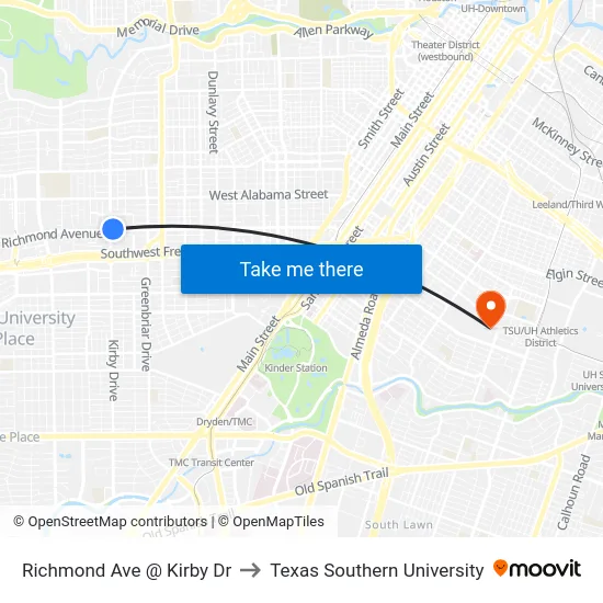 Richmond Ave @ Kirby Dr to Texas Southern University map