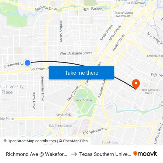 Richmond Ave @ Wakeforest St to Texas Southern University map